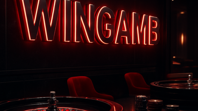 Lüks bir çevrimiçi casino ortamında merkezi WINGAMB yazısı, siyah ve kırmızı ışıklı premium bir sahne