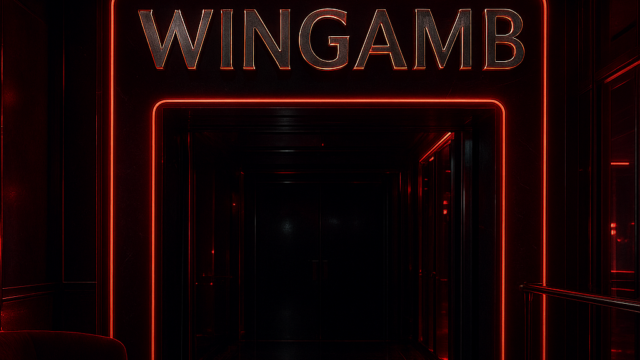 Wingamb metallic logo above a luxurious red and black casino entrance with neon lighting