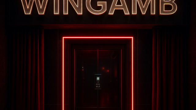 Lüks bir casino girişinde merkezi WINGAMB yazısı, kırmızı ve siyah tonlarla güncel domain vurgusu