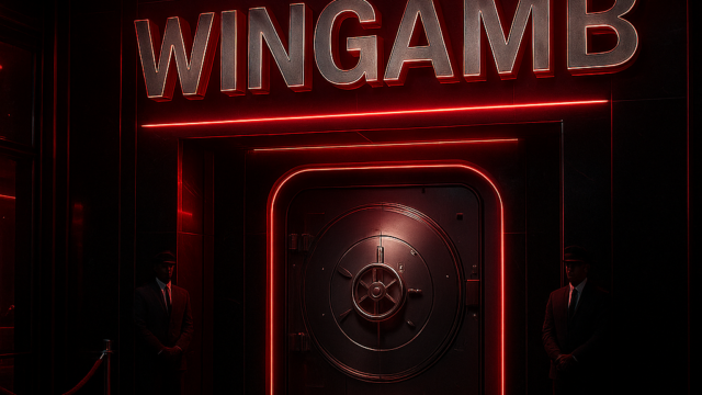 Futuristic casino entrance with Wingamb lettering above a secure doorway, dramatic red and black lighting