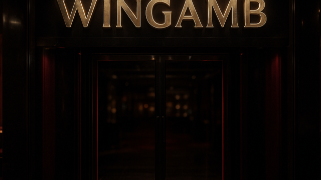 Luxury casino entrance with Wingamb illuminated at center, black and red atmosphere