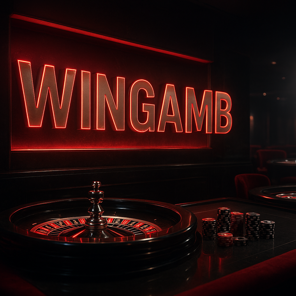 Lüks bir çevrimiçi casino ortamında merkezi WINGAMB yazısı, siyah ve kırmızı ışıklı premium bir sahne - hero