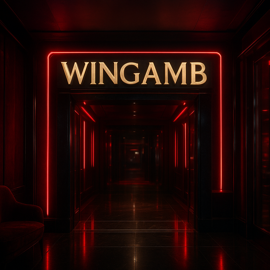 Wingamb metallic logo above a luxurious red and black casino entrance with neon lighting - hero