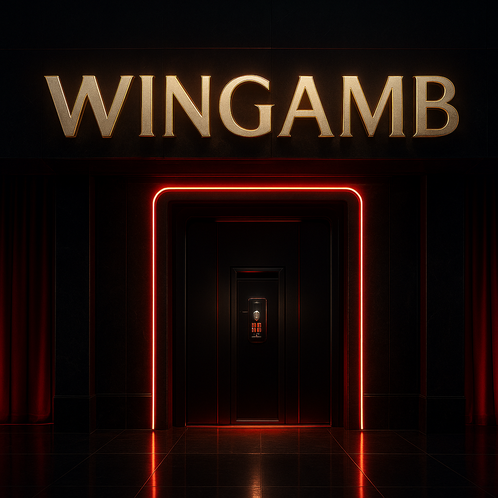 Lüks bir casino girişinde merkezi WINGAMB yazısı, kırmızı ve siyah tonlarla güncel domain vurgusu - hero