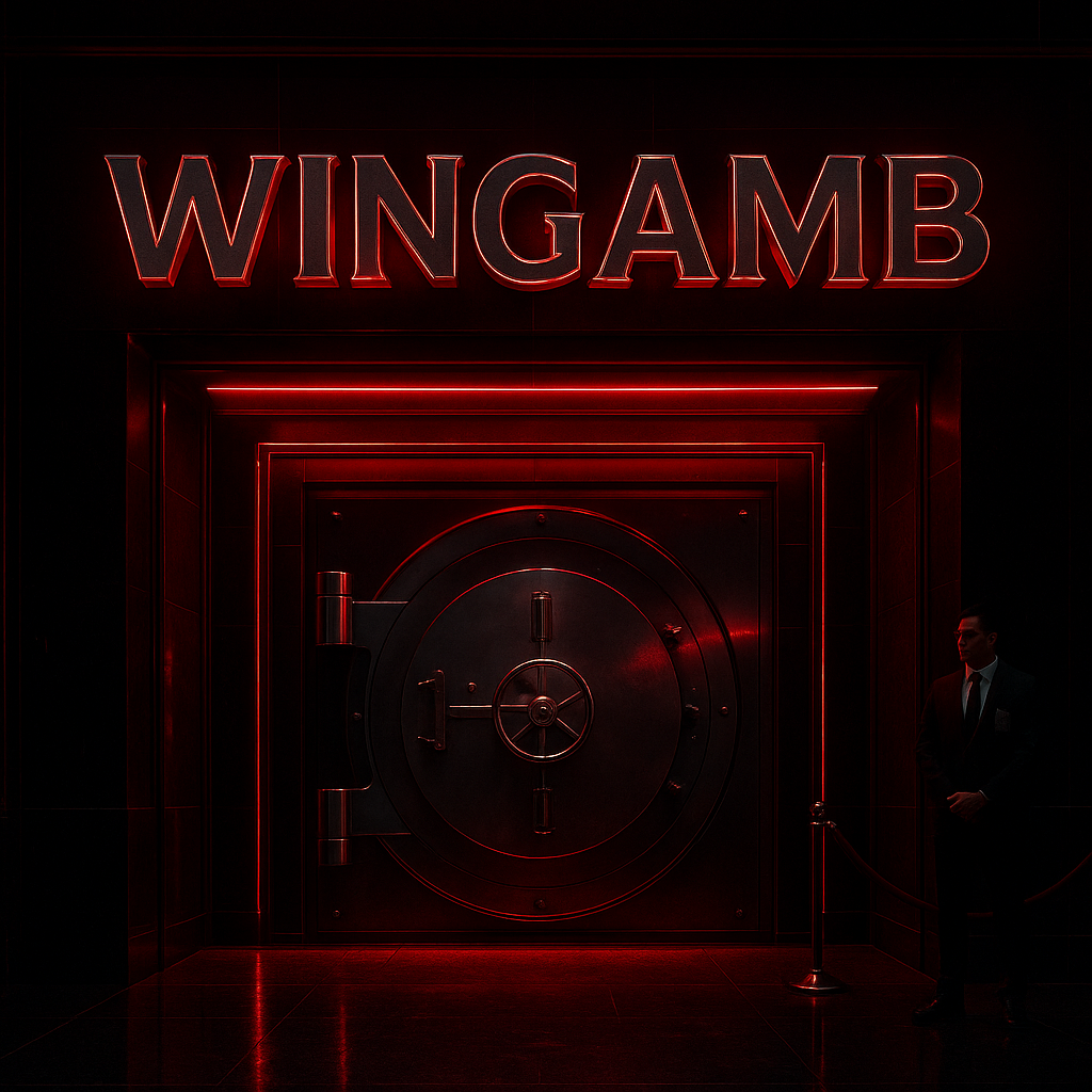 Futuristic casino entrance with Wingamb lettering above a secure doorway, dramatic red and black lighting - hero