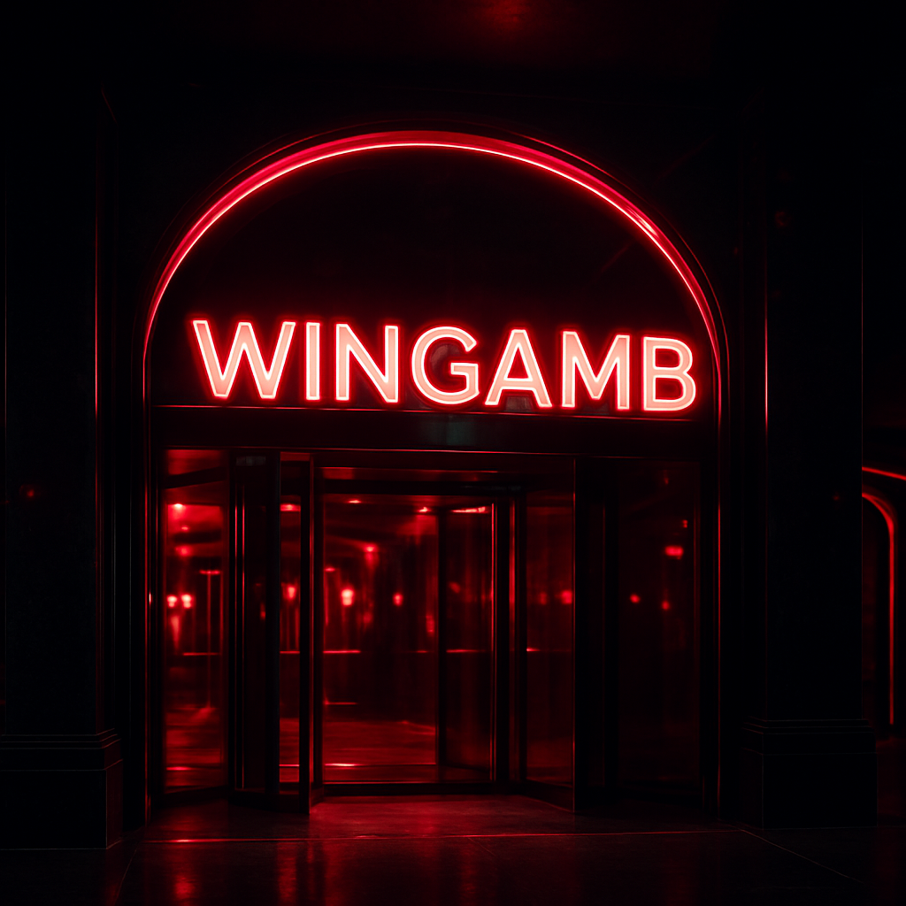 Lüks bir casino girişinde merkezi olarak yer alan WINGAMB yazısı ve mobil uygulama atmosferi - hero