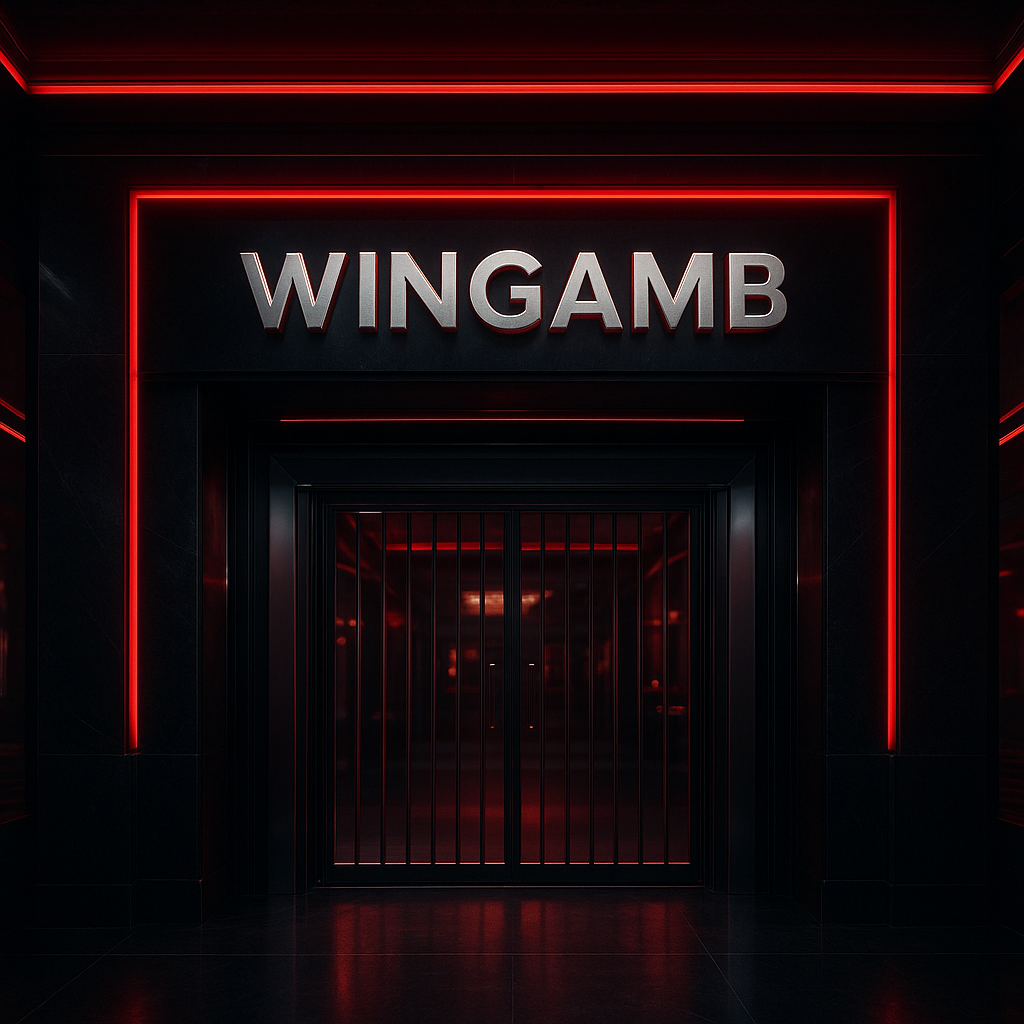 Lüks bir casino girişinde merkezde WINGAMB yazısı ile resmi giriş doğrulama atmosferi - hero
