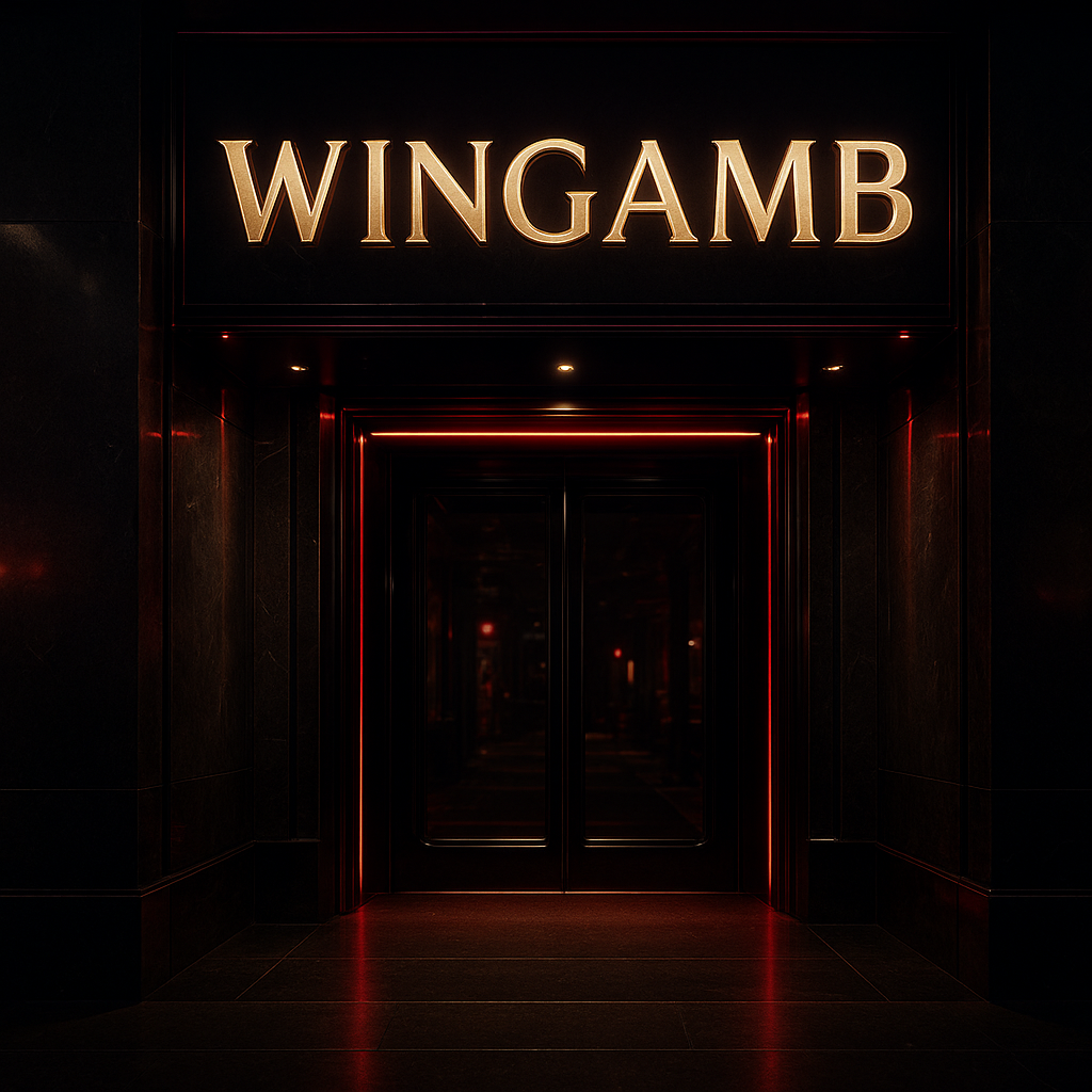 Wingamb illuminated metallic letters above a luxury casino entrance with crimson and black tones - hero