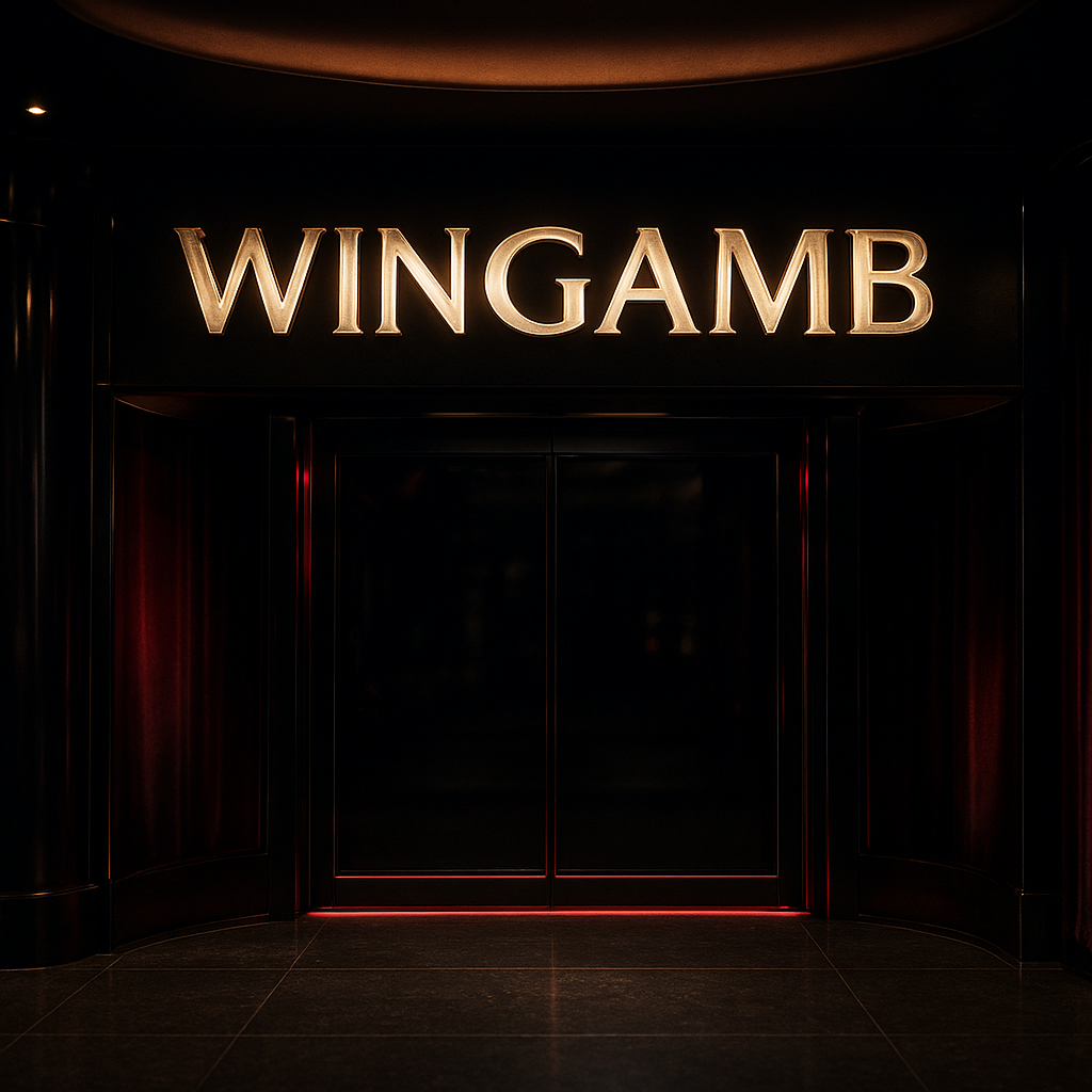 Luxury casino entrance with Wingamb illuminated at center, black and red atmosphere - hero